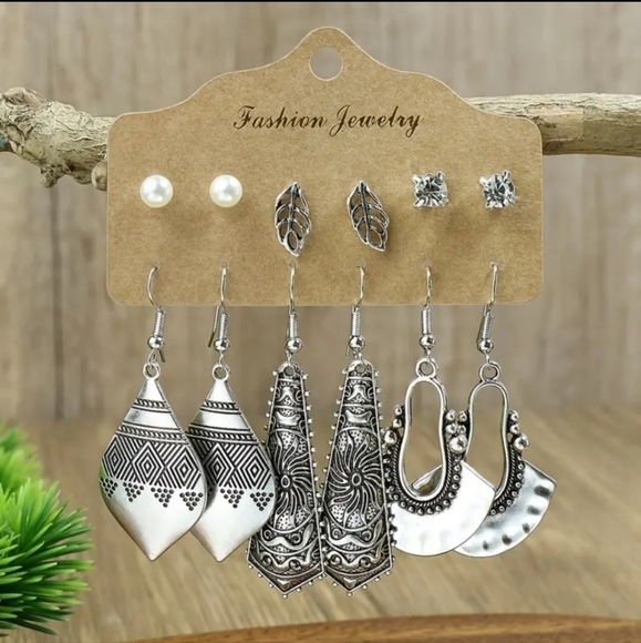 NWT Silver Geometric Earrings Set 6 Pairs  Women's Retro Sty - Picture 1 of 3